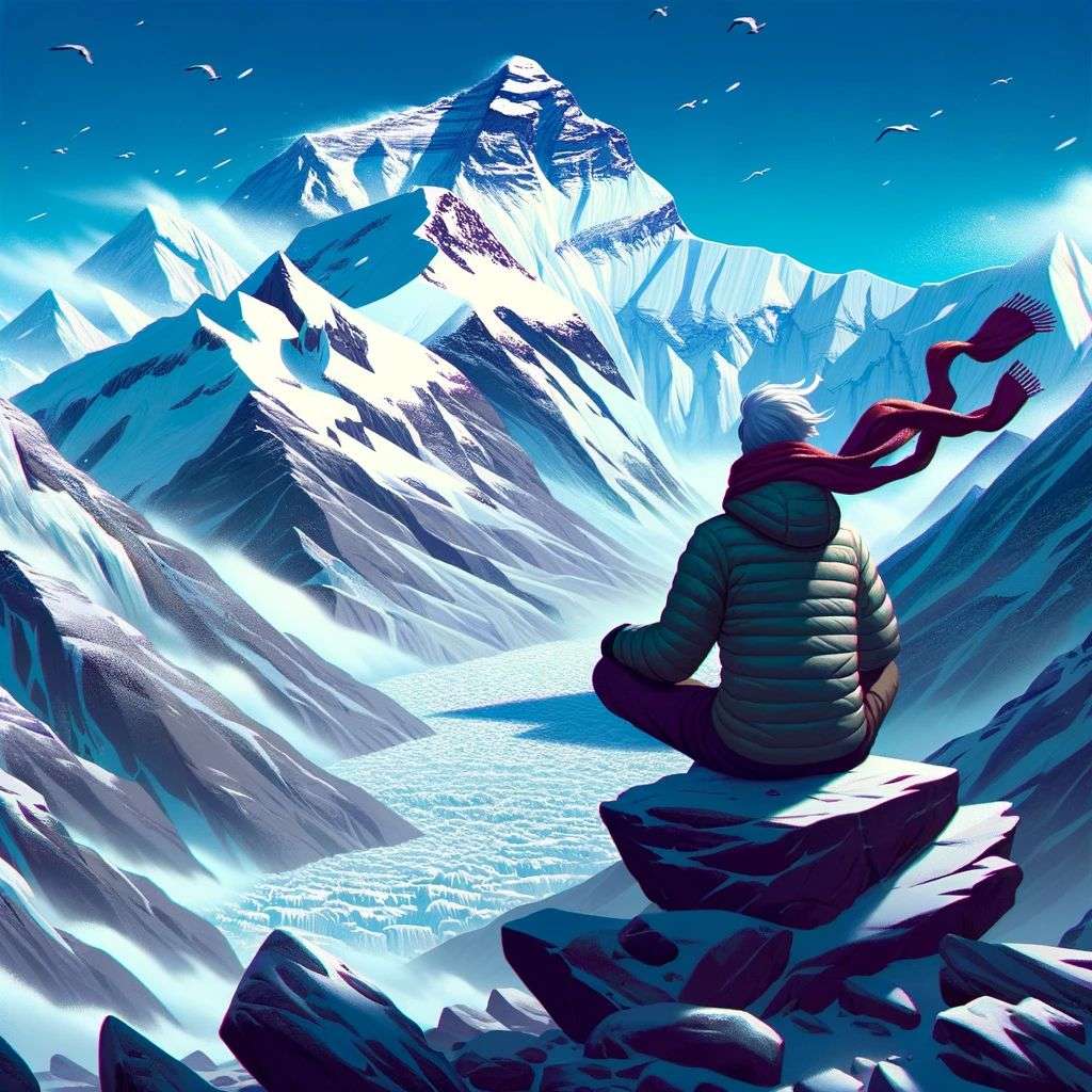 someone gazing at Mount Everest, digital art, 2.5D style
